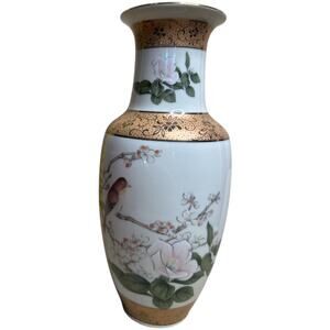 Vntg Ivory Gold Yamaji Japanese Porcelain Vase Vase Bird & Magnolia Motif 10.5"H
